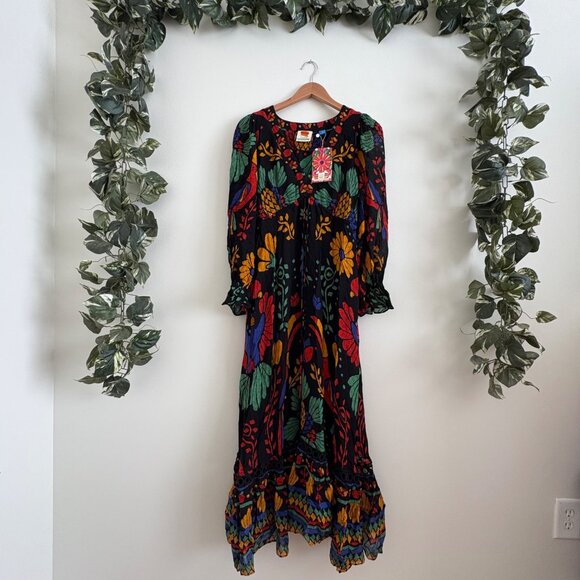 FARM Rio Dresses & Skirts - Farm Rio Georgette Long Sleeve Maxi Dress NWT Black Motif Women’s Size XS